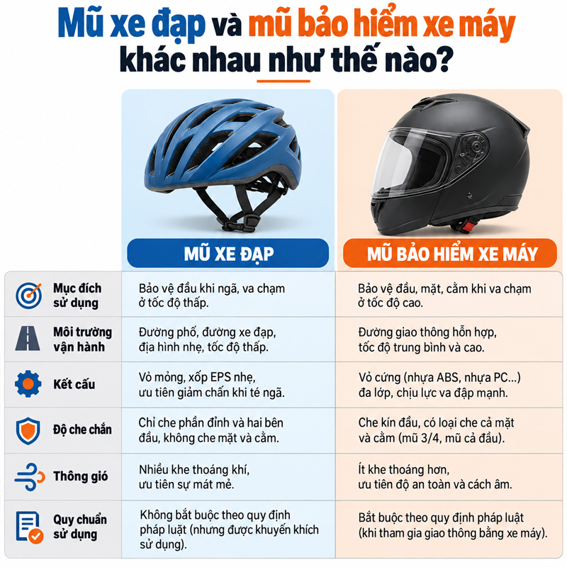 Mũ xe đạp và mũ bảo hiểm xe máy khác nhau như thế nào?