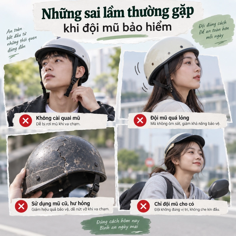Quy định đội mũ bảo hiểm khi tham gia giao thông mới nhất 8 Những sai lầm thường gặp khi đội mũ bảo hiểm