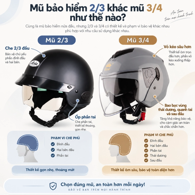Mũ bảo hiểm 2/3 khác mũ 3/4 như thế nào?