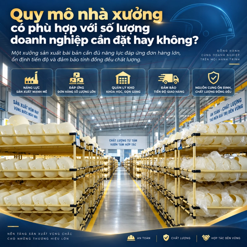 Tiêu chí đánh giá xưởng nón bảo hiểm in logo chất lượng là Quy mô nhà xưởng rộng lớn
