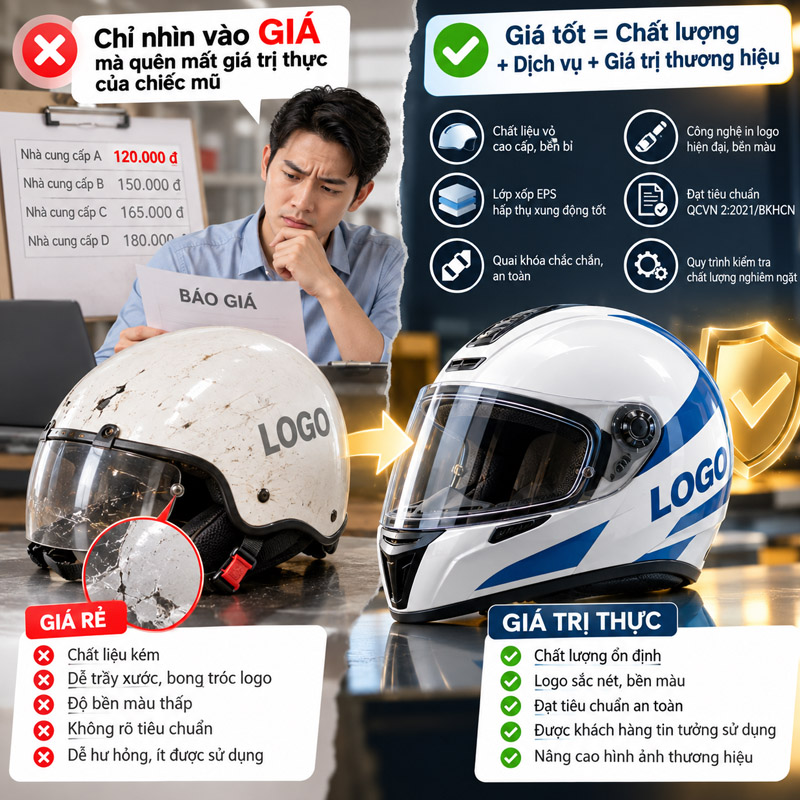 Sai lầm khi đặt mũ bảo hiểm in logo giá rẻ doanh nghiệp thường mắc phảilà chỉ nhìn vào giá mà quên mất giá trị thực của chiếc mũ