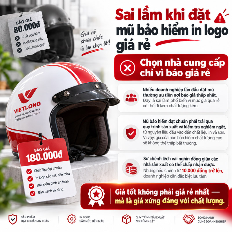 Sai lầm khi đặt mũ bảo hiểm in logo giá rẻ doanh nghiệp thường mắc phải là Chọn nhà cung cấp chỉ vì báo giá rẻ