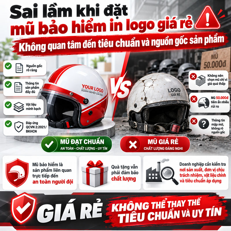 Sai lầm khi đặt mũ bảo hiểm in logo giá rẻ doanh nghiệp thường mắc phải là Không quan tâm đến tiêu chuẩn và nguồn gốc sản phẩm