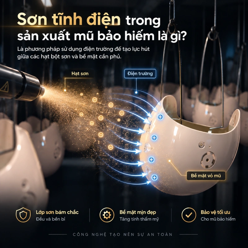 Sơn tĩnh điện trong sản xuất mũ bảo hiểm là phương pháp sử dụng điện trường để tạo lực hút giữa các hạt bột sơn và bề mặt cần phủ.