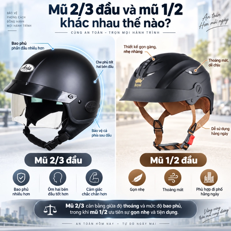 Nón bảo hiểm 2/3 đầu khác gì mũ nửa đầu?