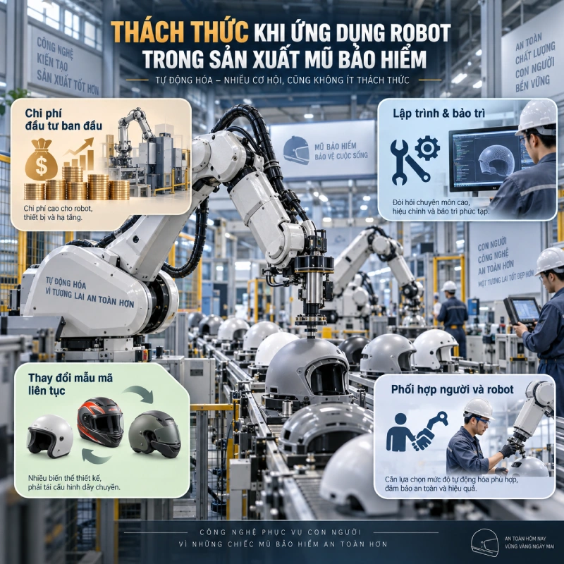 Thách thức khi ứng dụng robot trong sản xuất mũ bảo hiểm