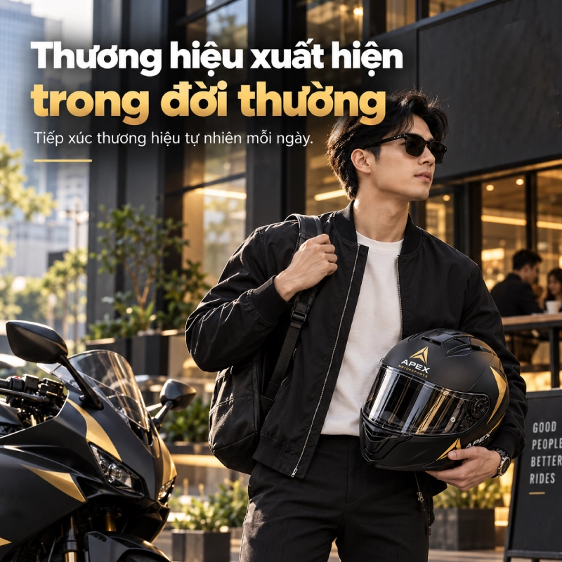 Có nên chọn mũ fullface in logo để quảng bá thương hiệu không? Có vì Thương hiệu xuất hiện trong những tình huống đời thường