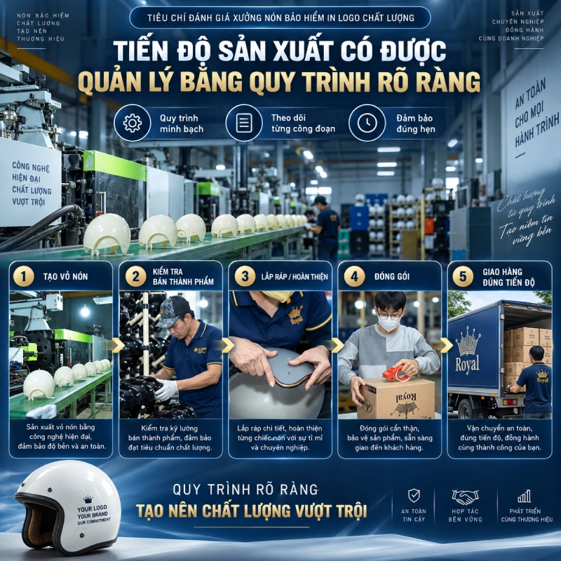 Tiêu chí đánh giá xưởng nón bảo hiểm in logo chất lượng là Tiến độ sản xuất có được quản lý bằng quy trình rõ ràng