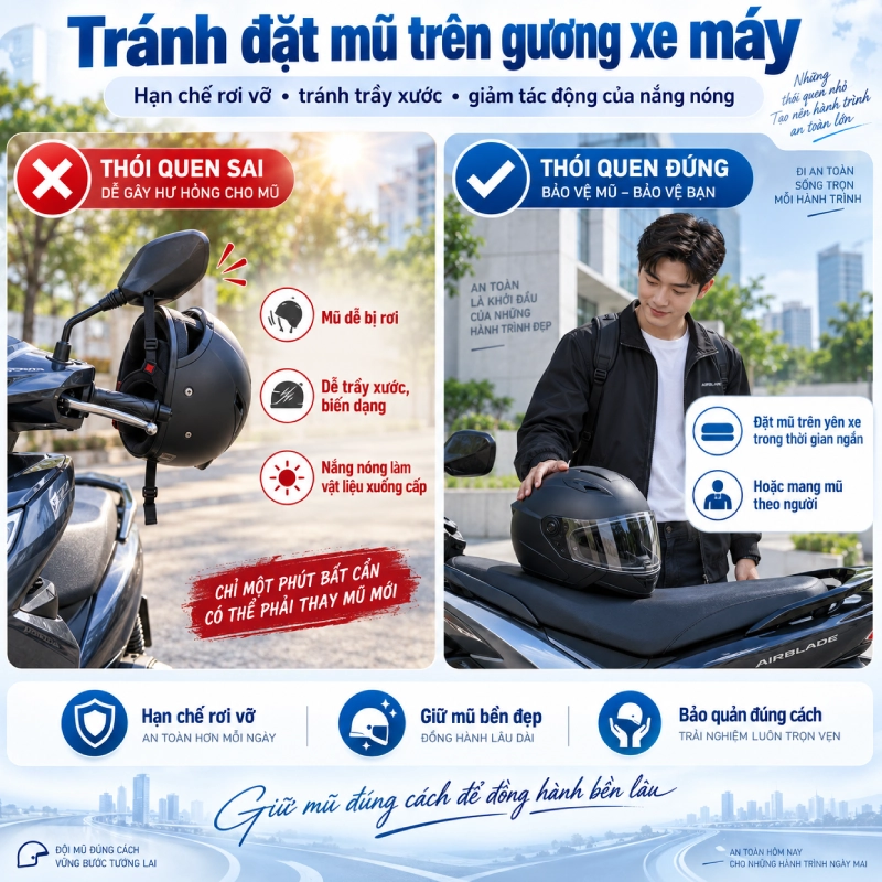 Cách bảo quản mũ bảo hiểm đúng cách giúp tăng tuổi thọ 13 cách sử dụng và bảo quản mũ bảo hiểm là Tránh đặt mũ trên gương xe máy