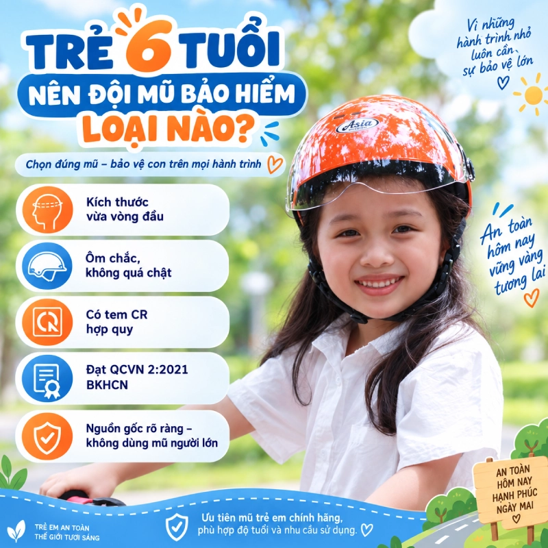 Trẻ 6 tuổi nên đội mũ bảo hiểm loại nào?