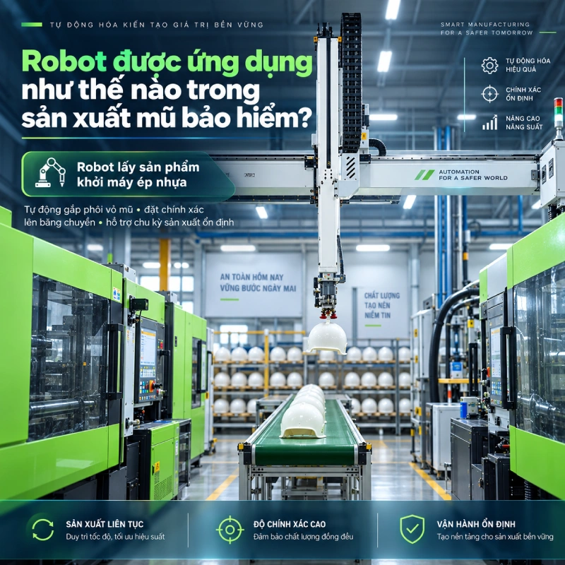 Robot được ứng dụng như thế nào trong sản xuất mũ bảo hiểm là Robot lấy sản phẩm khỏi máy ép nhựa