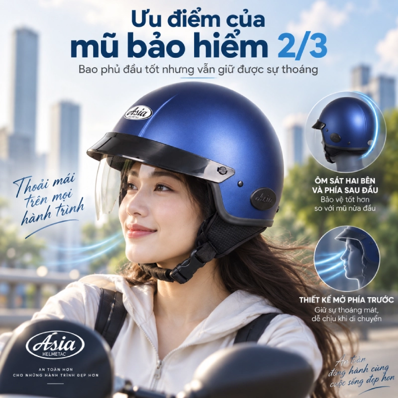 Ưu điểm của mũ bảo hiểm 2/3 Bao phủ đầu tốt nhưng vẫn giữ được sự thoáng