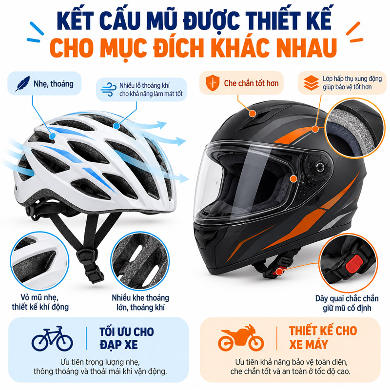 Kết cấu mũ được thiết kế cho mục đích khác nhau