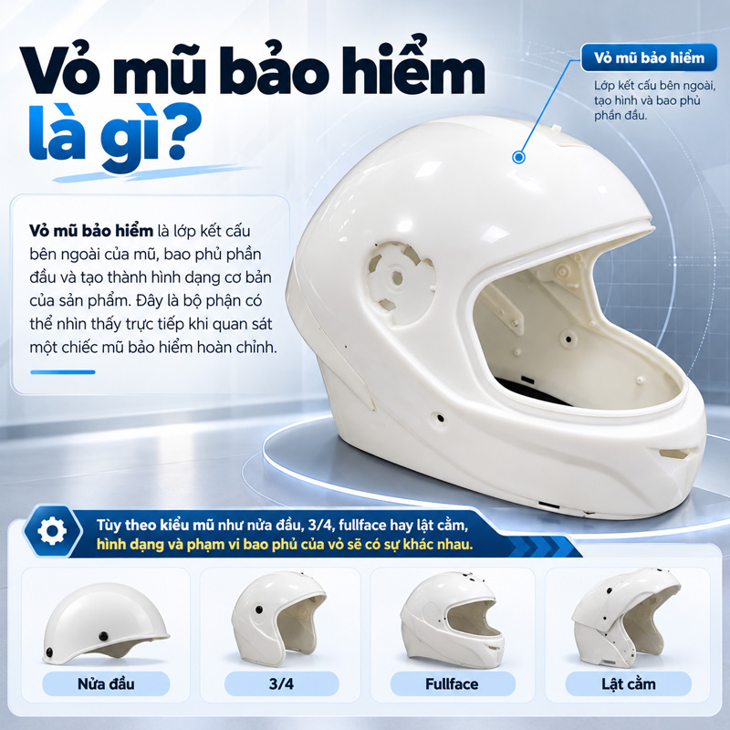 Vỏ mũ bảo hiểm là gì? Làm từ vật liệu nào? 1 Vỏ mũ bảo hiểm là gì?