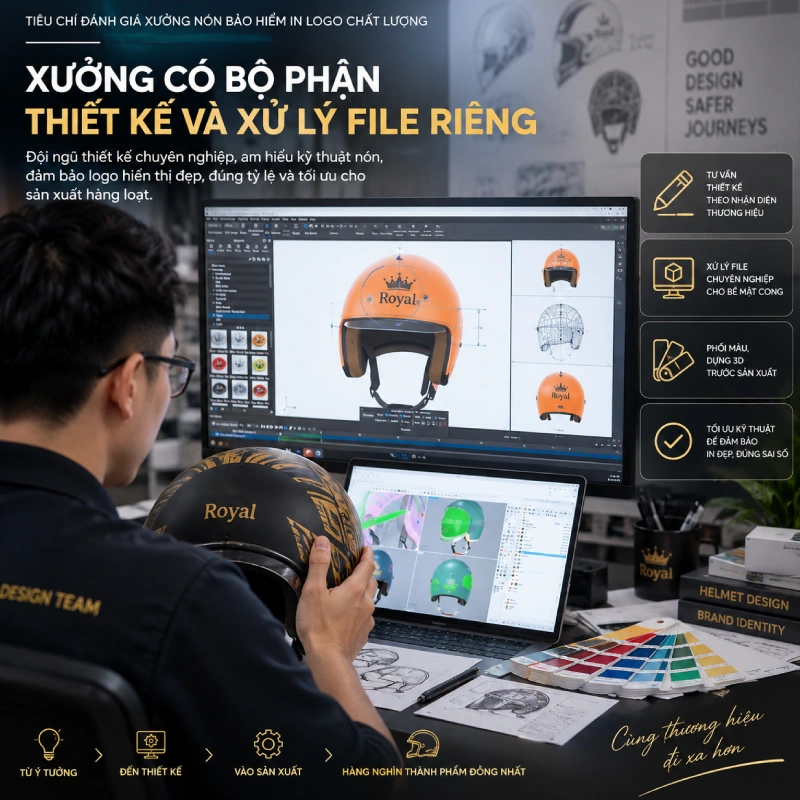 Tiêu chí đánh giá xưởng nón bảo hiểm in logo chất lượng là Xưởng có bộ phận thiết kế và xử lý file riêng