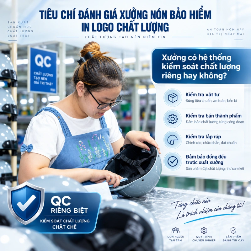 Tiêu chí đánh giá xưởng nón bảo hiểm in logo chất lượng là Xưởng có hệ thống kiểm soát chất lượng riêng