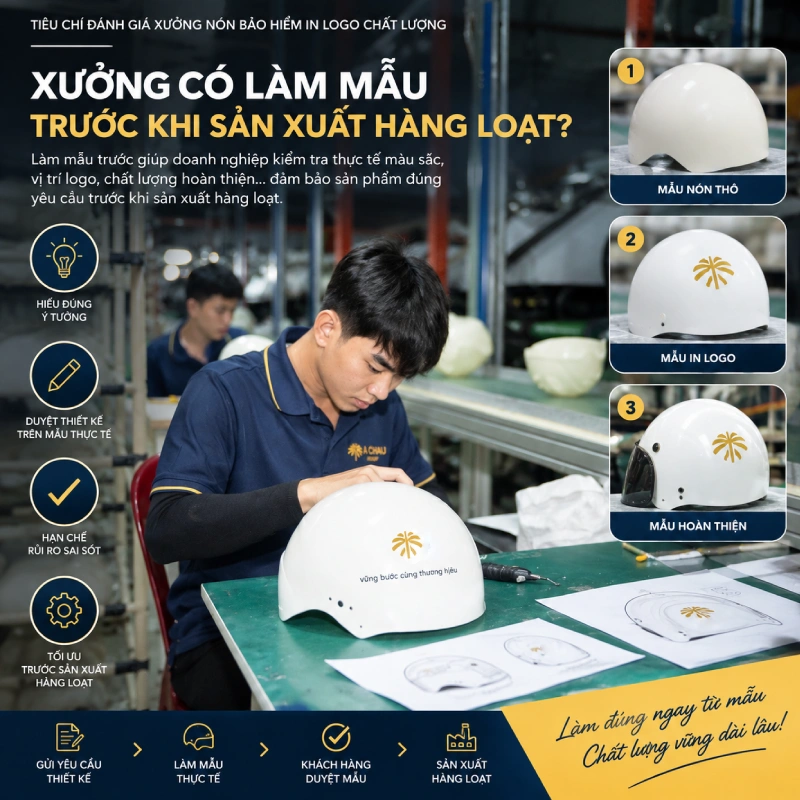 Tiêu chí đánh giá xưởng nón bảo hiểm in logo chất lượng là Xưởng có làm mẫu trước khi sản xuất hàng loạt