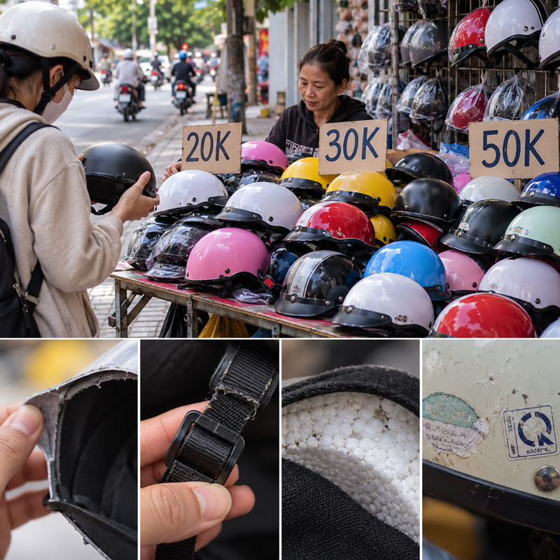 Mũ bảo hiểm 20k, 30k và 50k trên vỉa hè là những sản phẩm kém chất lượng, hàng nhái hoặc mũ đã hết hạn sử dụng và không đạt tiêu chuẩn