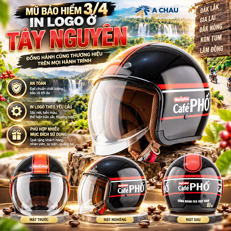ACG sản xuất mũ bảo hiểm in logo ở Tây Nguyên theo yêu cầu 5 Mũ bảo hiểm 3/4 in logo ở Tây Nguyên