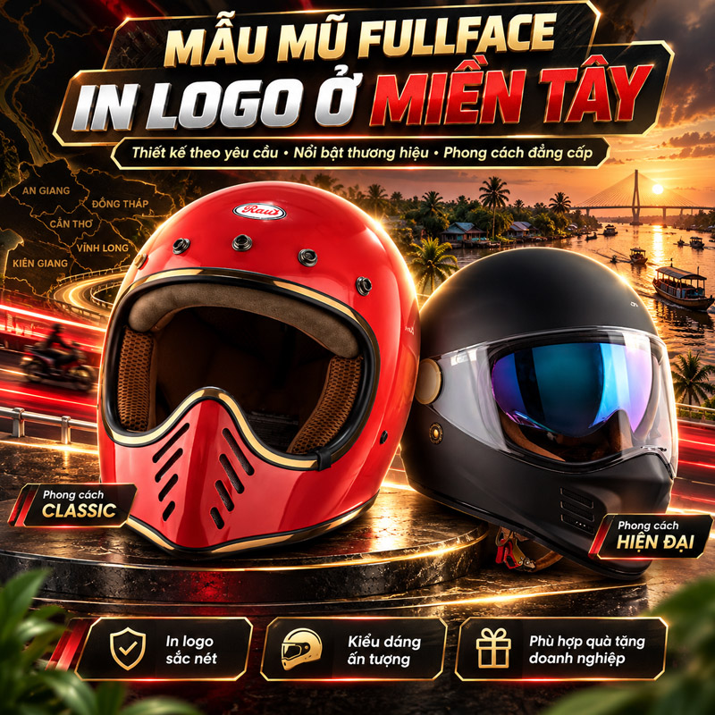 Mũ bảo hiểm in logo ở các tỉnh miền Tây dòng fullface