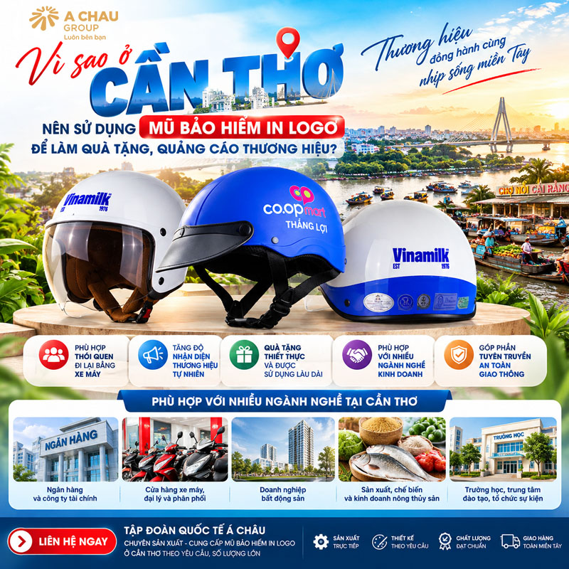 Mũ bảo hiểm in logo ở Cần Thơ theo yêu cầu, số lượng lớn 1 Vì sao ở Cần Thơ nên sử dụng mũ bảo hiểm in logo để làm quà tặng, quảng cáo thương hiệu?