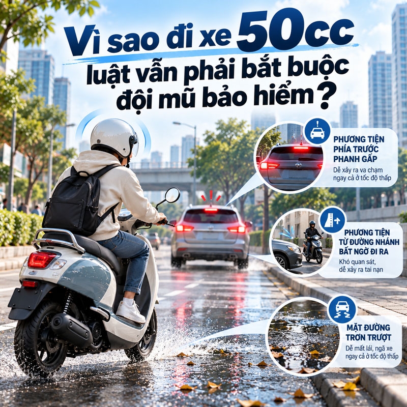 Vì sao đi xe 50cc luật vẫn phải bắt buộc đội mũ bảo hiểm?